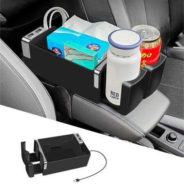 2-in-1 Car Armrest Box Tissue Storage Box Car Adjustable Drink Holder Multifunctional Cup Holder with Two USB Charging Ports