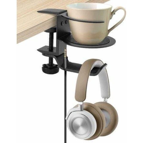 2-in-1 Desk Cup Holder And Headphone Hanger - Anti-Spill Cup Holder For Desk Table In Office And Home (Black)