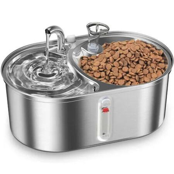 2-in-1 Dual Bowl Cat Water Fountain, 3L/101oz Stainless Steel Pet Drinking Fountain, Ultra-Silent Automatic Cat Dog Water Food Dispenser