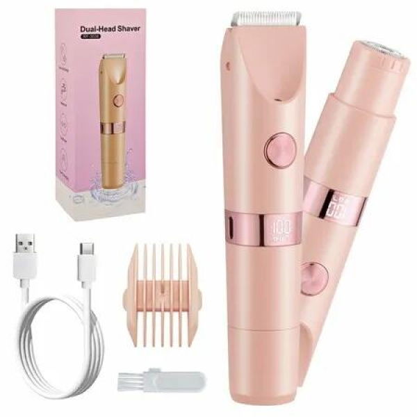 2 in 1 Electric Shaver & Bikini Trimmer with LED Display for Women,IPX7 Waterproof Wet/Dry Electric Razor with Dual Head Body & Facial Hair Remover(Pink)