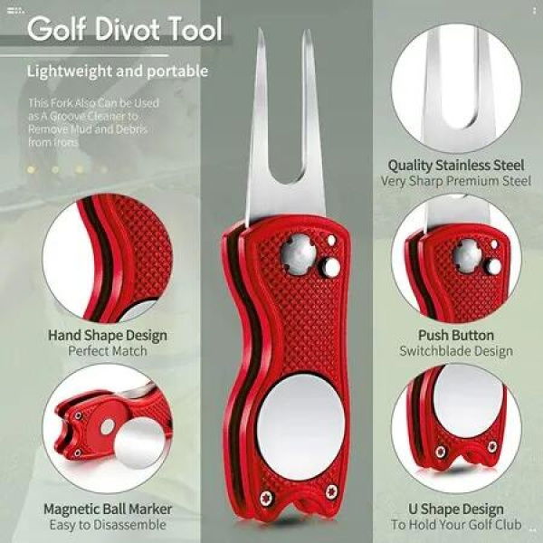 2-in-1 Golf Repair Tool: Durable, Foldable Stainless Steel Divot Tool with Ball Marker, Keeps the Golf Course Looking Great(Red)