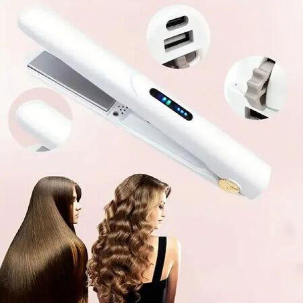 2 in 1 Hair Straightener and Curler,Portable Travel Wireless USB Rechargeable Mini Straightener,Anti-Scald 3-Level Adjust Temp,White