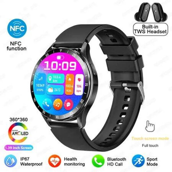 2 in 1 Headset NFC Smart Watch TWS Wireless Bluetooth Earphone Body Monitoring TestingSport Fitness Color Black