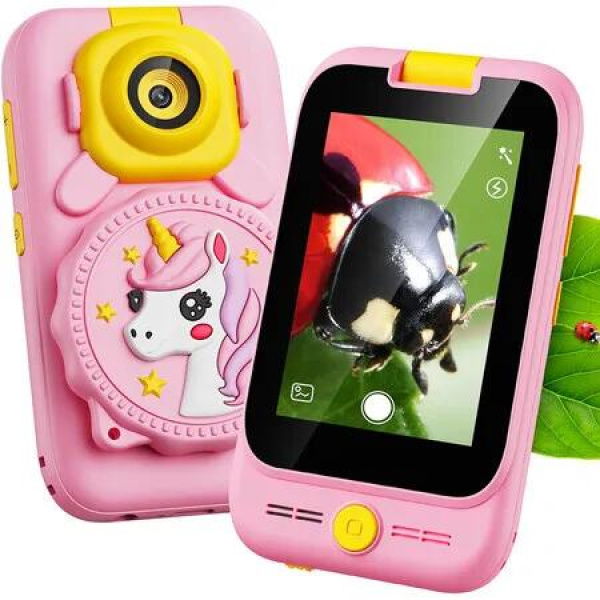 2 in 1 Kids Smart Phone and Microscope Camera, Touchscreen HD Camera Cell Phone, Mini Pocket Handheld Microscope for Boys Girls (Pink)