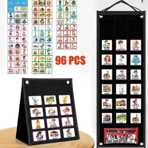 2 in 1 Kids Visual Schedule Calendar Chart,Autism Daily Chore Routine Chart with 96 Cards Autism Learning Materials Bedtime Routine Chart Color Black