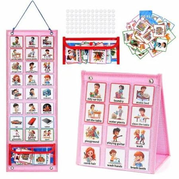 2 in 1 Kids Visual Schedule Calendar Chart,Autism Daily Chore Routine Chart with 96 Cards Autism Learning Materials Bedtime Routine Chart Color Pink