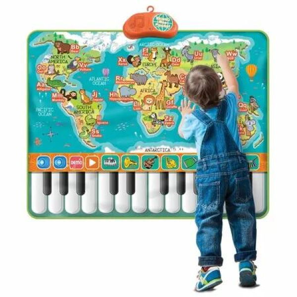 2-in-1 Learning Toys Piano Keyboard Mat + Alphabet & Animals Map- Music Mat, ABC Poster, Interactive Wall Chart for Kids Ages 3+