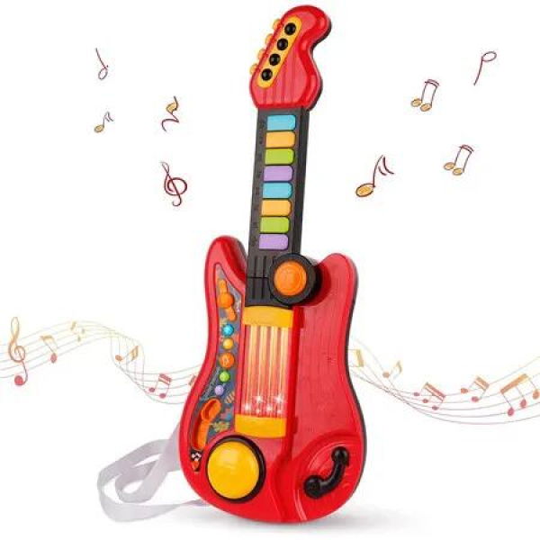 2 in 1 Musical Instruments Piano Toy Electric Guitars with Strap Music Toys for Boys Girls Gifts (Red)
