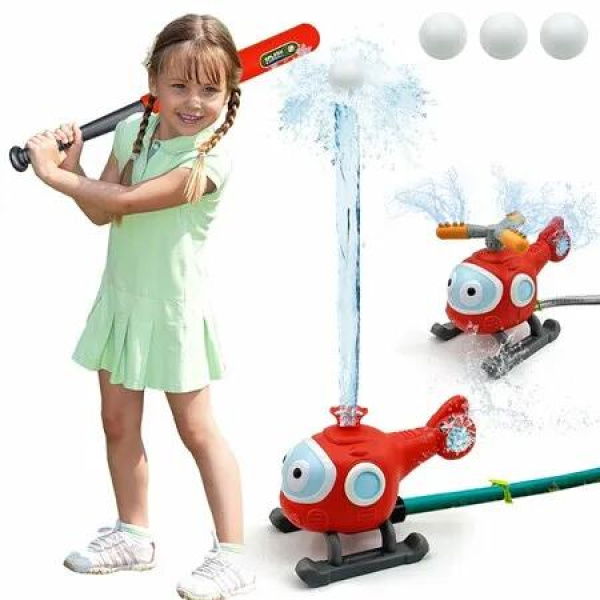 2 In 1 Outdoor Water Spray Sprinklers T Ball Set,Backyard Spinning Airplane Sprinkler Toy Tee Ball Game,Sprays Up to 8ft High Attaches to Garden Hose