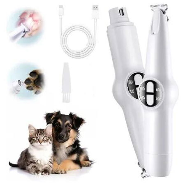 2 in 1 Pet Trimmer & Nail Grinder, Multifunctional Rechargeable Pet Shaver Hair Nail Trimmer with LED Light for Paws Eyes Ears Face Buttocks for Dogs Cats