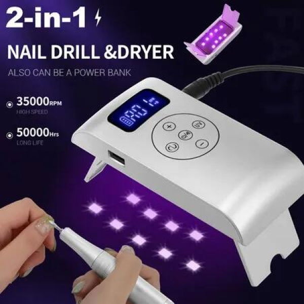 2 in 1 Portable Electric Nail Drill 35000 RPM Electrical Professional Nail File Kit, Nail Dryer UV Lamp Manicure for Acrylic, Gel Nails-White