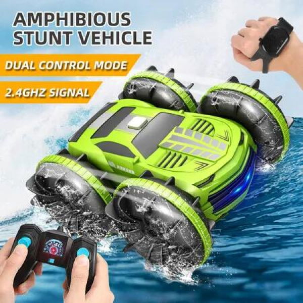 2 in 1 RC Stunt Car Boat Double Sided Car Amphibious for Kids, 2.4GHz 360 Degree Rotate All Terrains with LED Lights Control Watch (Green)