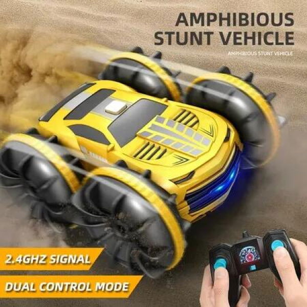 2 in 1 RC Stunt Car Boat Double Sided Car Amphibious for Kids, 2.4GHz 360 Degree Rotate All Terrains with LED Lights Control Watch (Yellow)