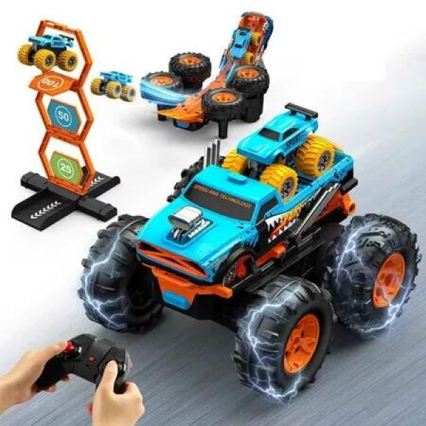 2-in-1 Remote Control Car with Transform Launcher Track 1:16 RC Monster Truck Toys 2.4GHz,360 Degree Flips Towing Mini Cars Electric Scoring Gate Truck