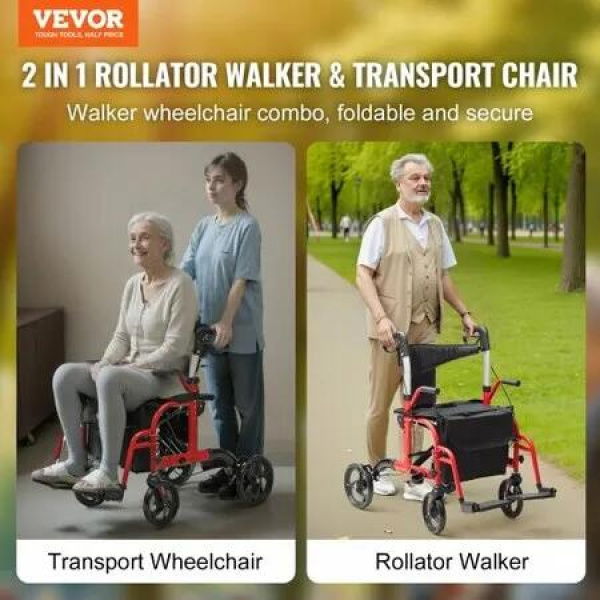 2 in 1 Rollator Walker & Transport Chair for Seniors Folding Rolling Walker Wheelchair Combo & Footrests Lightweight Aluminum Mobility Walker