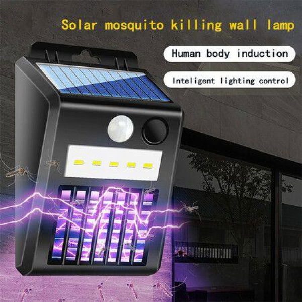 2-in-1 Solar Mosquito Zapper Killer UV & Motion Sensor LED Induction Light Outdoor Electric Insect Wall Lamp.