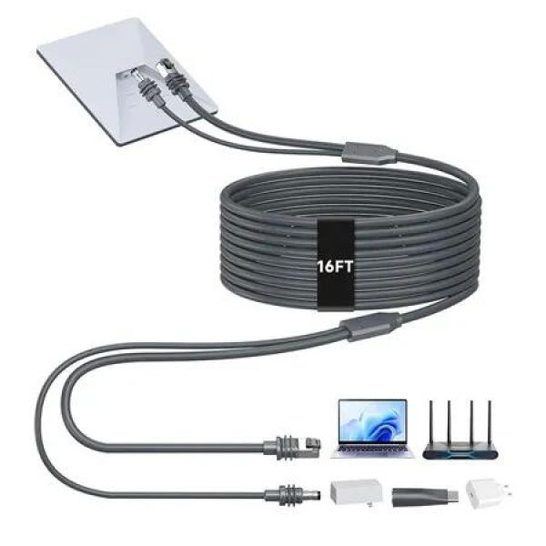 2 in 1 Starlink Mini Ethernet Cable 16.4FT/5M, Starlink Mini Power Cord + RJ45 Ethernet Cable, DC to DC, DC to C Power Cable Relacement