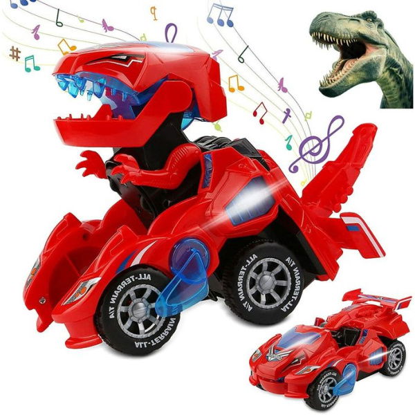 2 In 1 Transforming Dinosaur LED Car Automatic Electric Toy Car Lamps For Kids Toddlers Ages 3+ (Red)