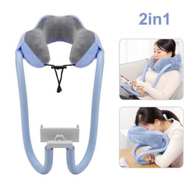 2-in-1 U-Shaped Neck Pillow With Gooseneck Tablet Phone Holder Memory Foam Nap Pillow With Flexible Phone Reading Holder Color Blue