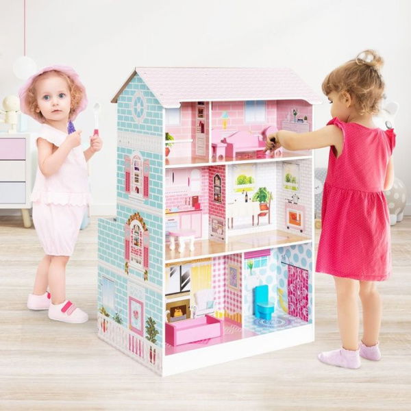 2 In 1 Wooden Doll House And Play Kitchen With Accessories