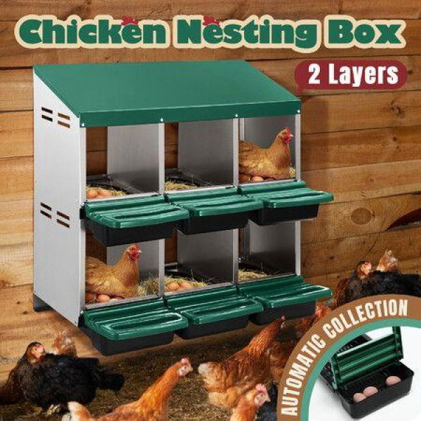 2 Layer 6 Hole Chicken Nesting Box Roll Away Hen Laying Boxes House Chook Nest Coop Perch Roost Poultry Egg Brooder Galvanised Metal Plastic Vents Lid