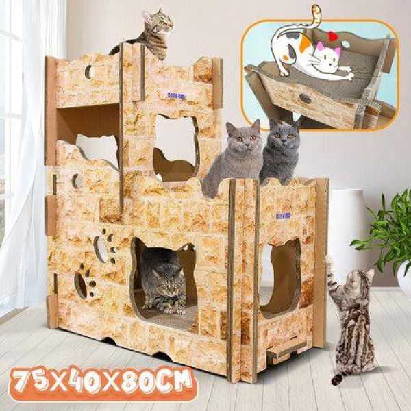 2 Level Cardboard Cat Scratcher Scratching Board Play House Playground Condo With Catnip