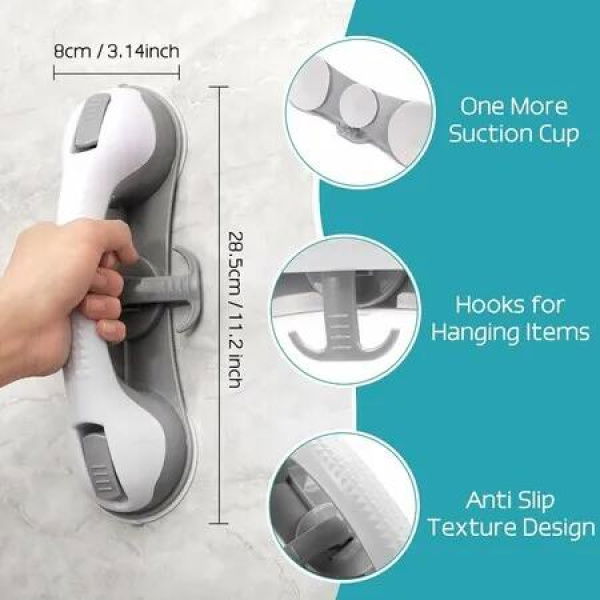 2-Pack 12-Inch Shower Grab Bars with 3 Strong Suction Cups and Hooks for Seniors, Elderly, and Handicap