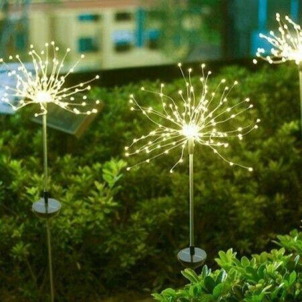 2-Pack 120 LED 8 Modes Solar Firework Lights Plug-in Ground Starburst Col. Warm White.