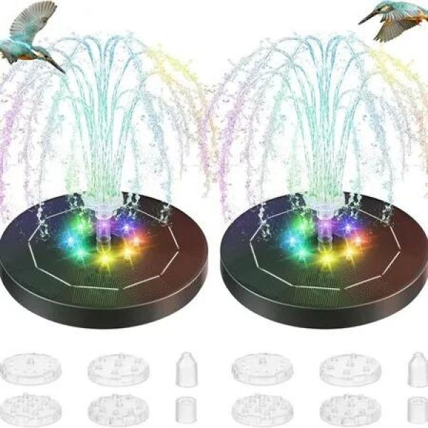2 Pack 5W Solar Bird Bath Fountain Pump with Colorful LED Lights,Battery and Solar Powered Bird Bath Water Fountains with 6 Nozzles,Floating Fountain Pump