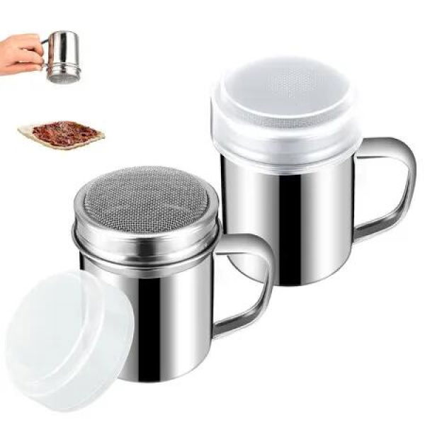 2 Pack 8*5.5cm Stainless Steel Powder Sprinklers with Handles Fine Perforations Rust Proof Dishwasher Safe