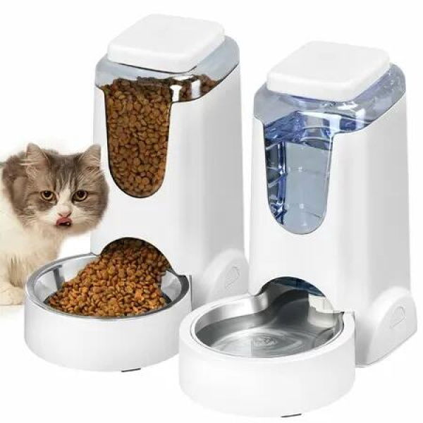 2 Pack Automatic Cat Feeder and Water Dispenser with Stainless Steel Bowl for Small Medium Pets Puppy Kitten in White