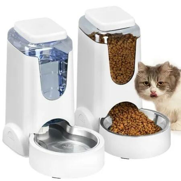 2-Pack Automatic Cat Feeder and Water Dispenser with Stainless Steel Bowls - Keep Your Small and Medium Pets Fed and Hydrated(White)