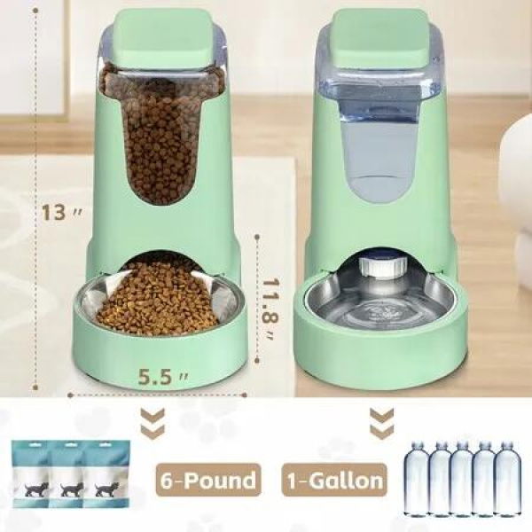 2-Pack Automatic Pet Gravity Feeder and Waterer with Stainless Steel Bowls for Small and Medium Pets (Green)