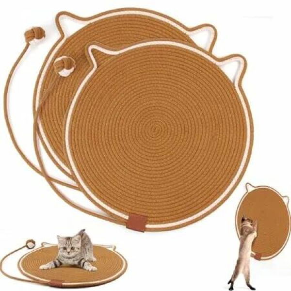 2-Pack Cat Scratching Mats, Natural Cotton Rope Scratch Pad with Ear Shape Hanging Hook Play Ball, Furniture Protector for Wall, Sofa(Brown)