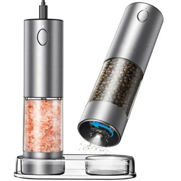 2 Pack Electric Salt and Pepper Grinder Set, Rechargeable Automatic Salt and Pepper Mill Grinder with Adjustable Coarseness