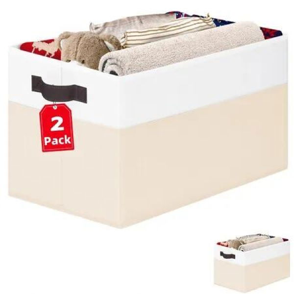 2 Pack Fabric Collapsible Storage Baskets with Handles Baby Clothes Organizer Bins, Odorless, Nursery Kids Room Playroom Classroom