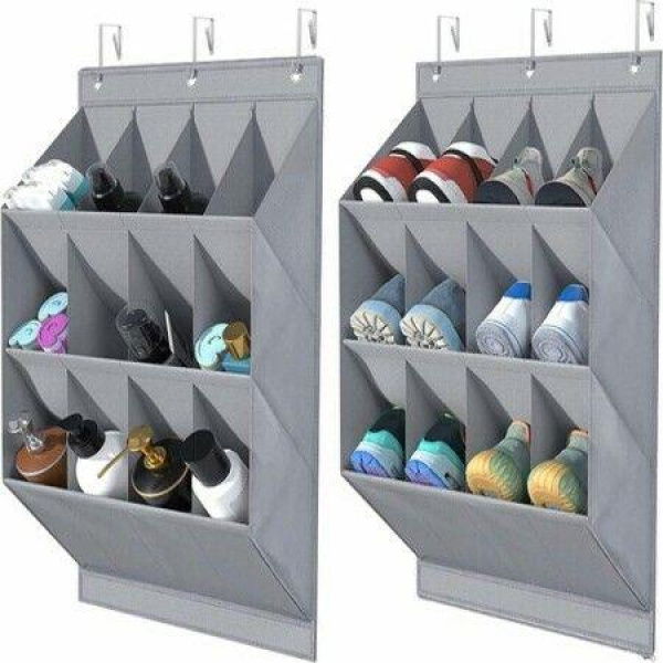 2 Pack Hanging Shoe Organizer12 Large Pockets And 2 Larger Storage Compartments With 6 Hooks Shoe Storage Rack Organize Grey