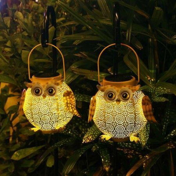 2 Pack Hanging Solar Lanterns - Outdoor Metal Decorative Waterproof Garden Light for Patio, Table, Pathway with Owl Pattern