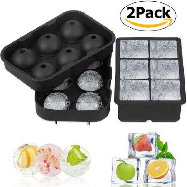 2-Pack Ice Cube Trays: Sphere Ice Ball Maker With Lid & Large Square For Whiskey Cocktails Homemade Drinks Chilled.