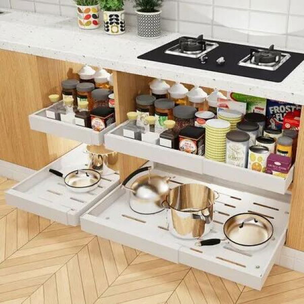 2 Pack Pull Out Drawers for Cabinets Expandable Organizer Adhesive Slide Out Drawers Shelves for Kitchen Cabinets Adjustable Width 32cm to 52cm