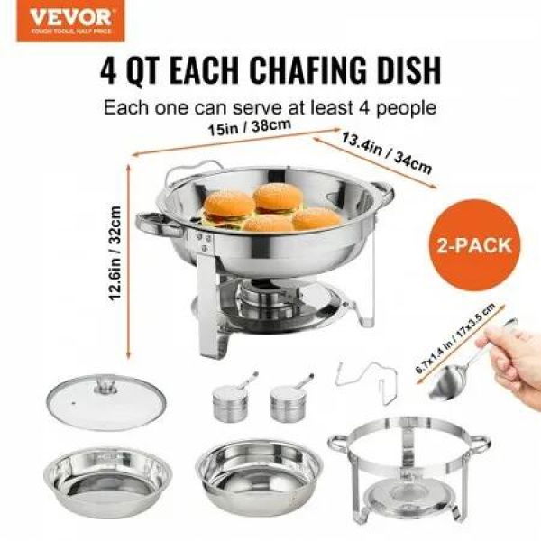 2-Pack Round Chafing Dish Set with Full-Size 4Qt Pan Glass Lid Fuel Holder