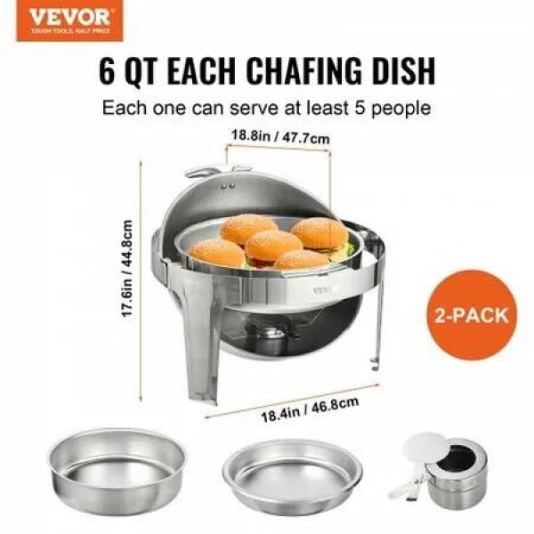 2-Pack Round Roll Top Chafing Dish Set with Full-Size 6Qt Pan Fuel Holder