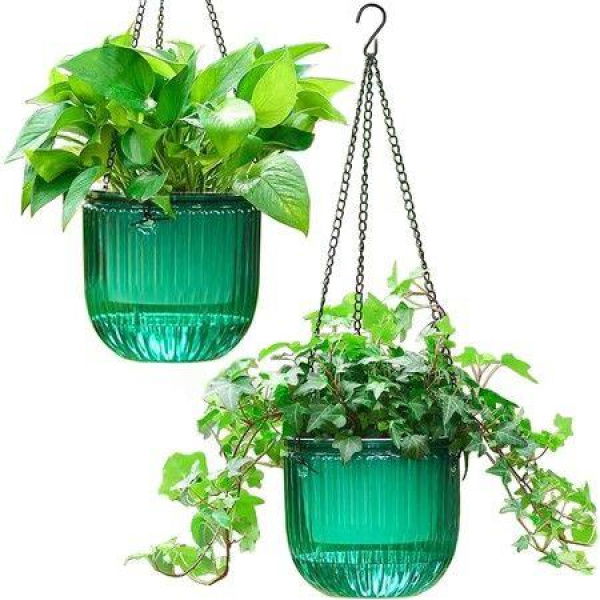 2-Pack Self-Watering Hanging Planters Indoor Flower Pots 6.5 Inch Outdoor Hanging Basket Plant Hanger With 3 Hooks Drainage Holes For Garden Home (Emerald)