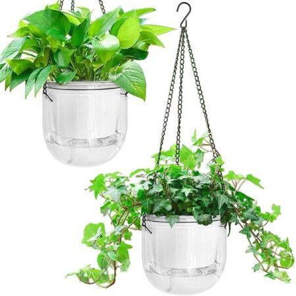 2-Pack Self-Watering Hanging Planters Indoor Flower Pots 6.5 Inch Outdoor Hanging Basket Plant Hanger With 3 Hooks Drainage Holes For Garden Home (Transparent)