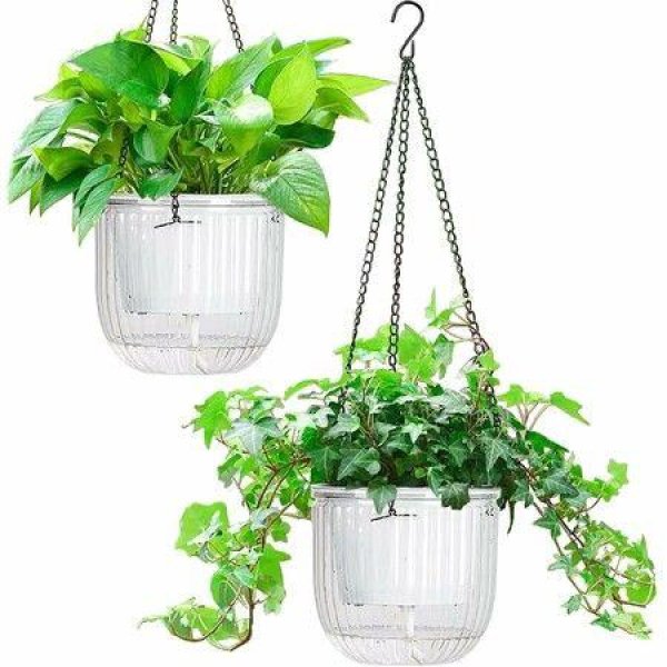 2-Pack Self-Watering Hanging Planters Indoor Flower Pots 6.5 Inch Outdoor Hanging Basket Plant Hanger With 3 Hooks Drainage Holes For Garden Home (White)