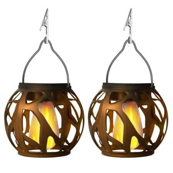 2 Pack Solar Hanging Chandelier for Outdoor Garden Hollow Hanging Lantern Flame Effect Courtyard Waterproof Landscape Decorative Lighting Christmas Gift