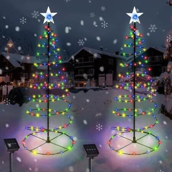 2 Pack Spiral Solar Christmas Tree Lights,32In Outdoor Christmas Decorations,8 Modes Solar Pathway Lights,Waterpoof Light up Prelit Xmas Tree (Multi-Color)