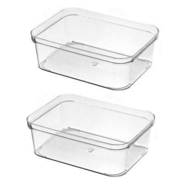 2 Pack Stackable Pantry Organizer Bins For Kitchen Freezer Countertops Cabinets - Plastic Food Storage Container With Handles For Home And Office 13.5*18.5*6.2CM