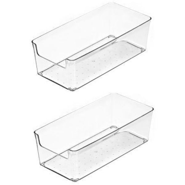 2 Pack Stackable Pantry Organizer Bins For Kitchen Freezer Countertops Cabinets - Plastic Food Storage Container With Handles For Home And Office 19.6*9.5*6.2CM