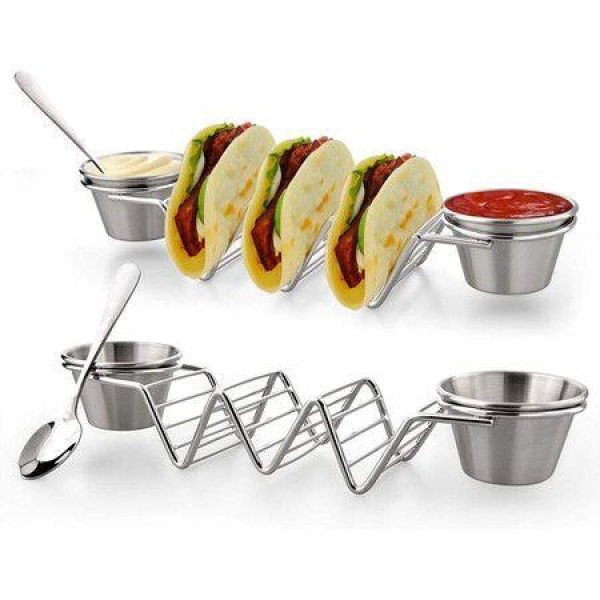 2-Pack Stainless Steel Trays With Salad Cups - Holds 3 Tacos Each Keeping Shells Upright And Clean (Only Holder No Spoon)